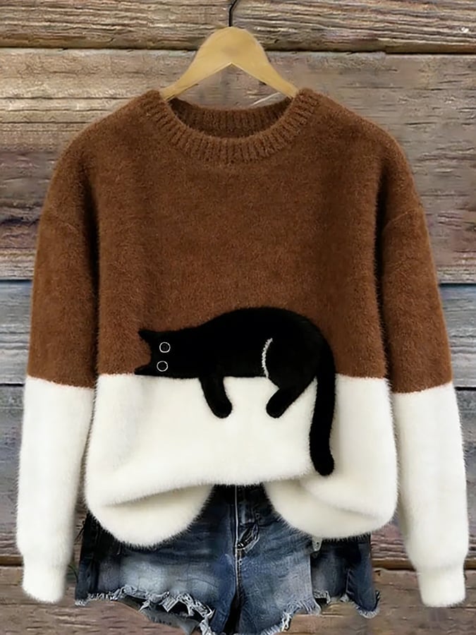 Stylischer Damen Oversized Pullover mit lustigem Katzenmotiv, bequem und perfekt für jeden Tag.