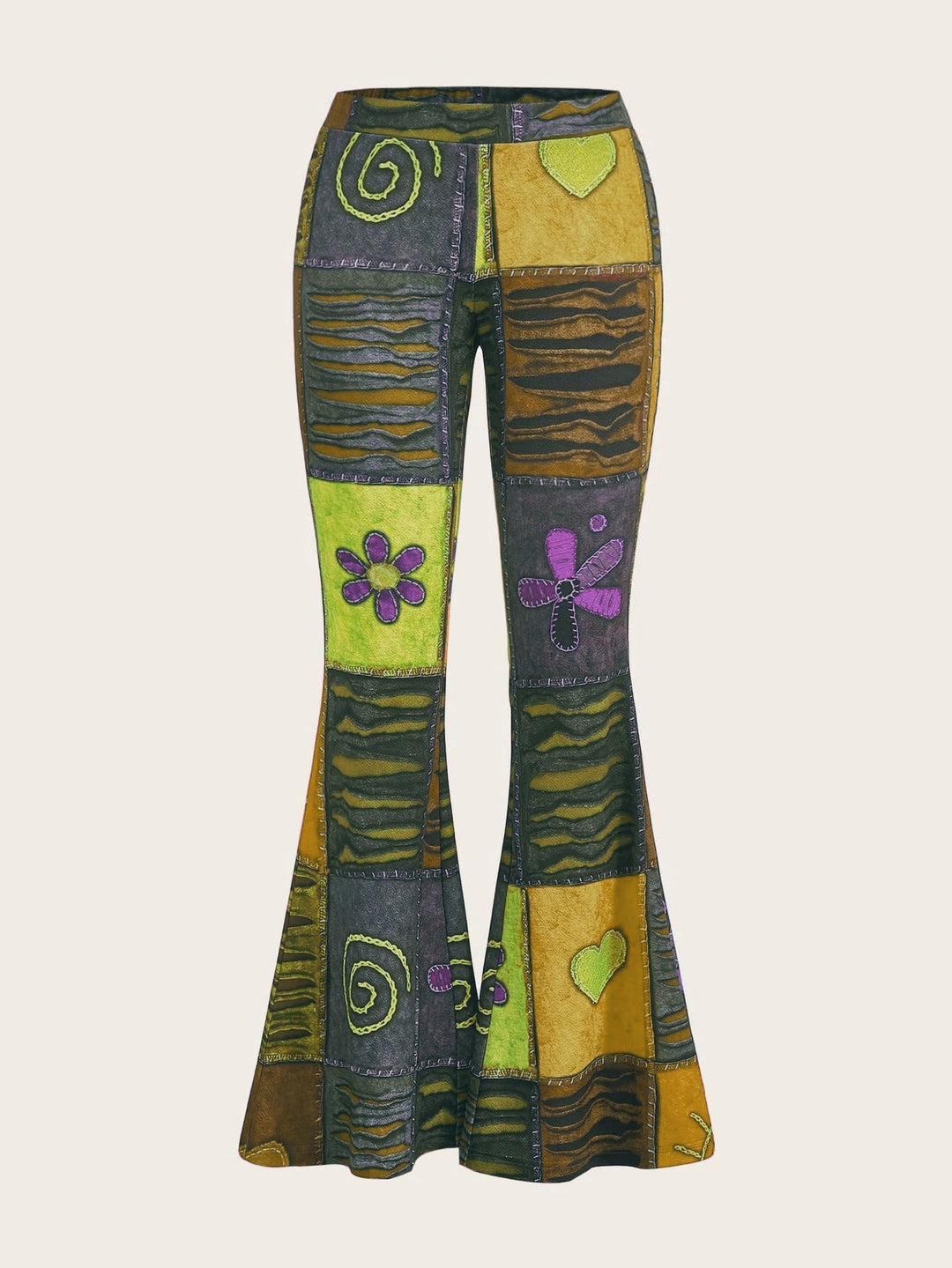Damen Bootcut-Hose mit komplexem abstraktem Muster, seitliche Ansicht zeigt den figurschmeichelnden Flare.