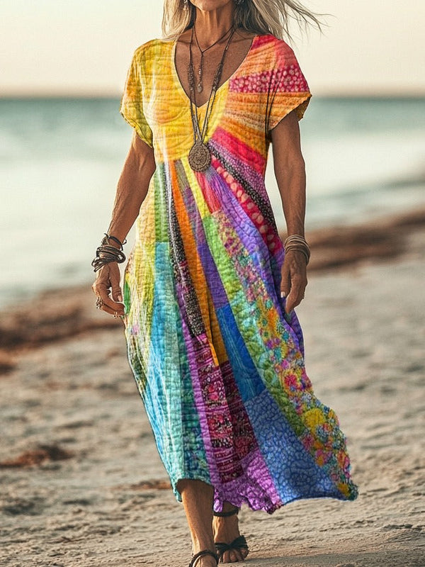 Damen Boho Maxikleid mit Patchwork-Design und V-Ausschnitt, stilvolles Freizeitkleid mit langen oder kurzen Ärmeln.