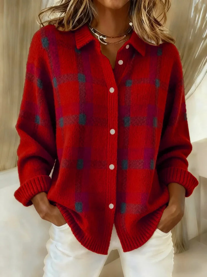 Retro Damen Karomuster Knopfshirt, Langarm, Rundhalsausschnitt, ideal für Herbst und Wintermode, bequemes Oberteil.