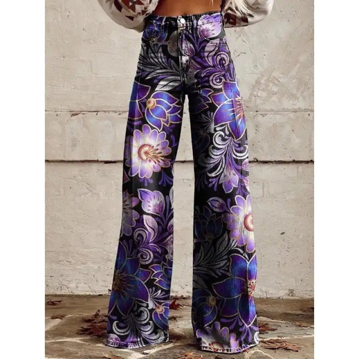 Trendige Schlaghose für Damen: modisches Blumenmuster, Retro-Stil für Freizeit und Statement.