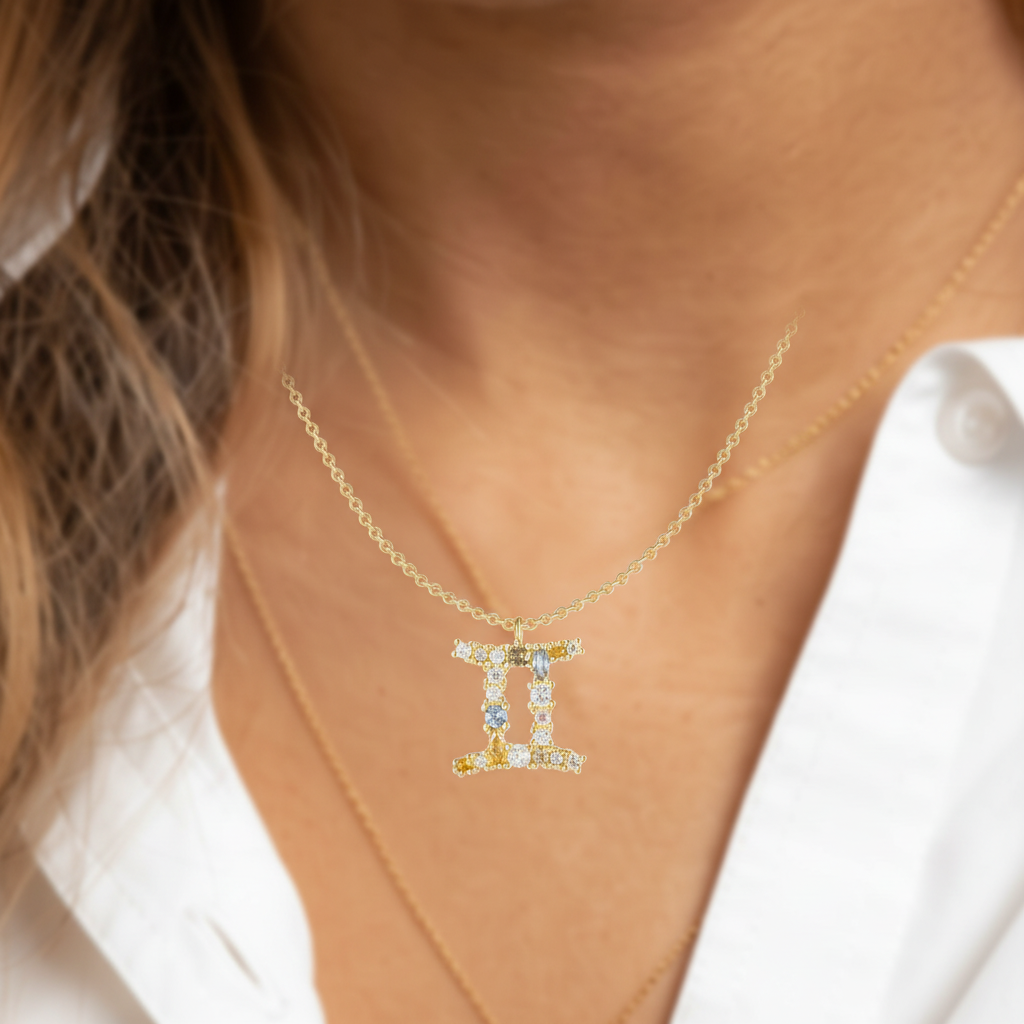 Funkelnde 925 Sterlingsilber Damen Kette mit Zirkonia und Sternzeichen.