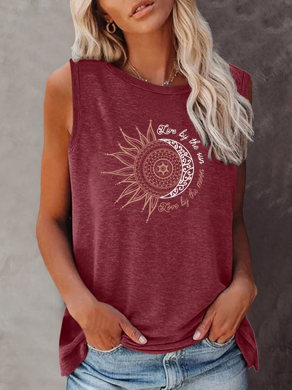 Lässiges Damen Tanktop mit spirituellem Sonne-Mond Mandala Muster, Rundhals.