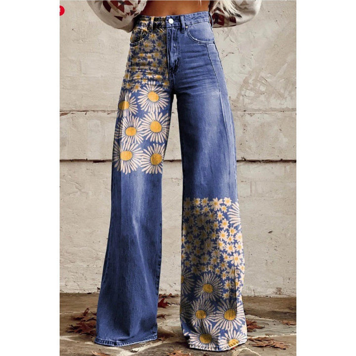 Modische Damen-Schlaghose mit Blumen-Print, im Retro-Stil für einen eleganten Sommer-Look.