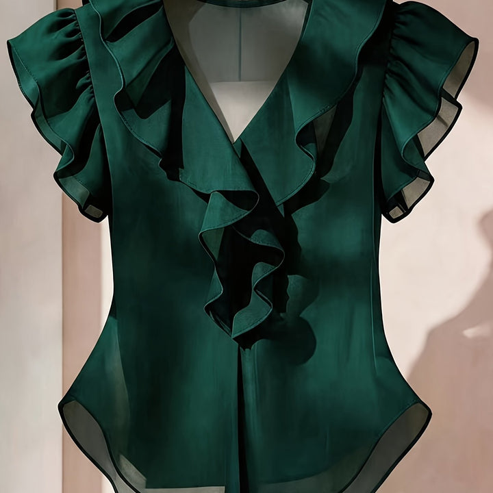 Elegante Rüschenbluse für Büro und Freizeit. Mit V-Ausschnitt & Volantärmeln.