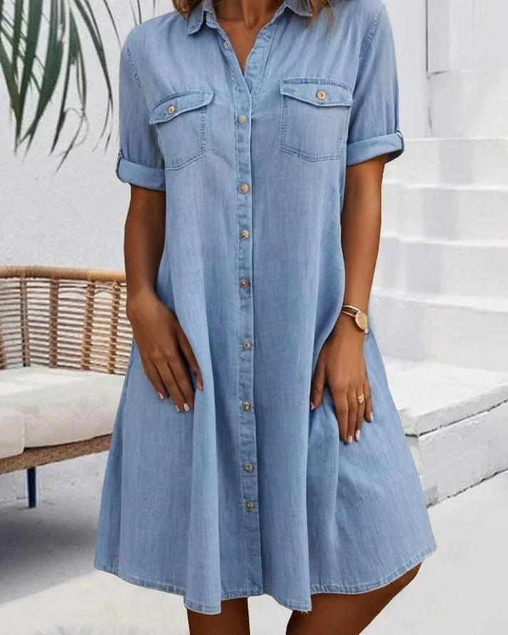 Damen Freizeitkleid kurzärmelig mit Knopfleiste, A-Linien-Schnitt. Vielseitiges Sommerkleid für Damen.