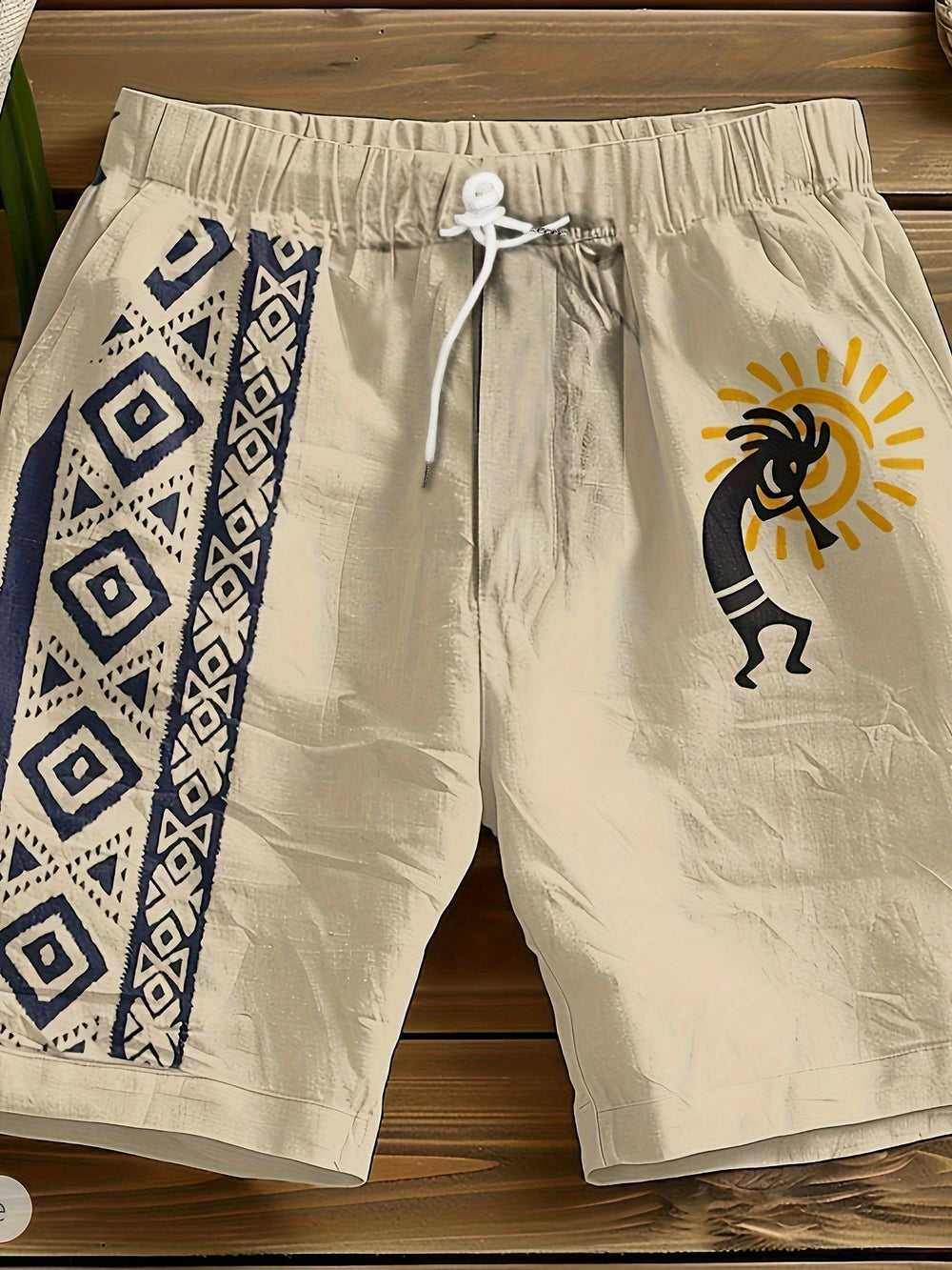 Detailansicht der bequemen Herrenshorts in Khaki mit einzigartigem Ethno-Muster und Künstler-Print.
