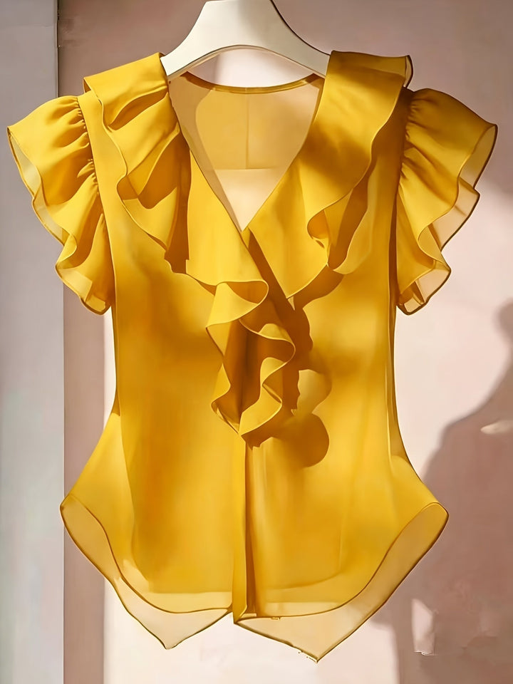 Elegante Damenbluse: Rüschen, V-Ausschnitt, Volantärmel. Ideal für Business & Party.