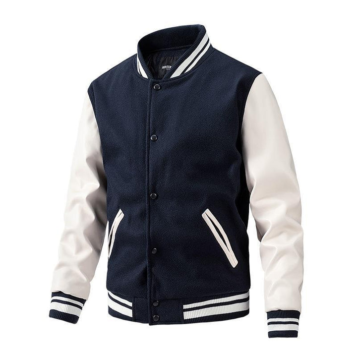 Freizeit-Herrenjacke Colorblock, langärmlig, mit geripptem Saum und modernem Einreiher-Design.