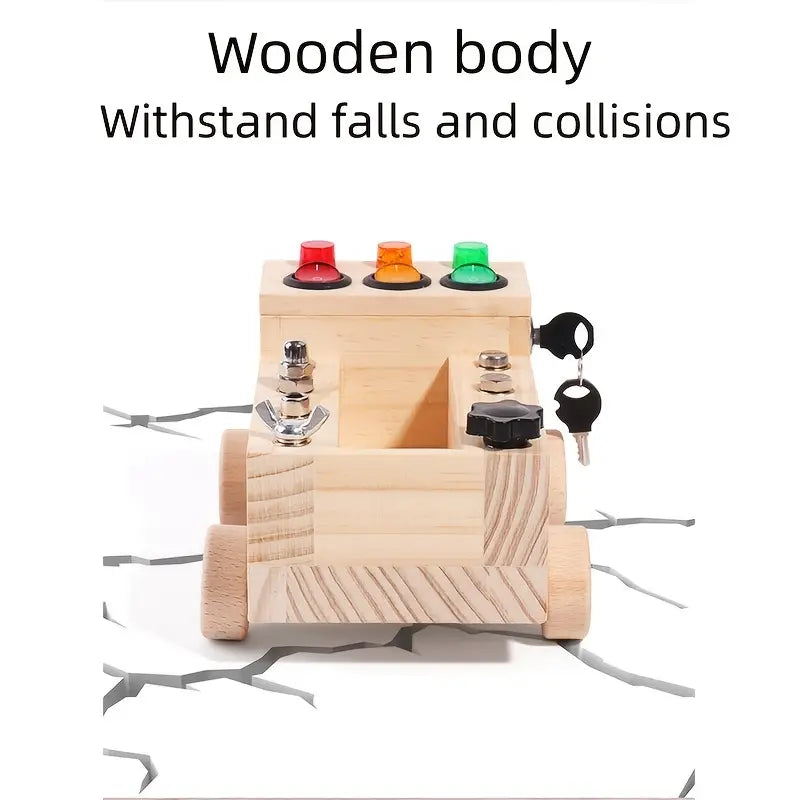 Montessori Lernspielzeug: Aktivitätsboard mit Schnallen, Zahnrädern & Verschlüssen zur Förderung der Feinmotorik.