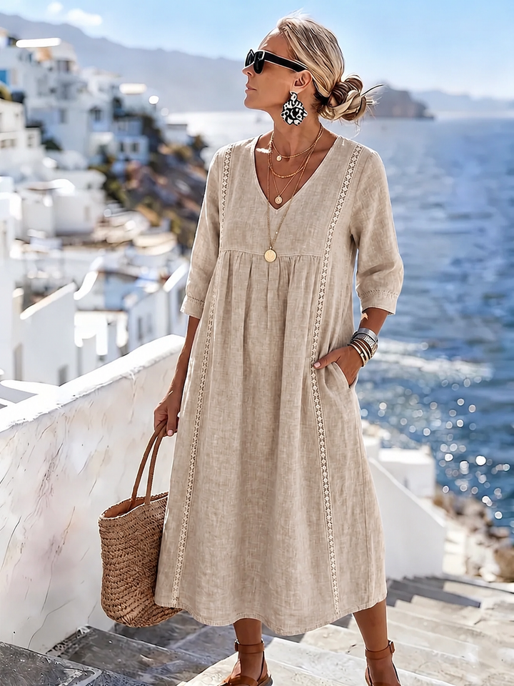 Vielseitiges Damen Patchwork Spitzenkleid – bequem, kurzärmlig, V-Ausschnitt, ideal als Sommer-Freizeitkleid.
