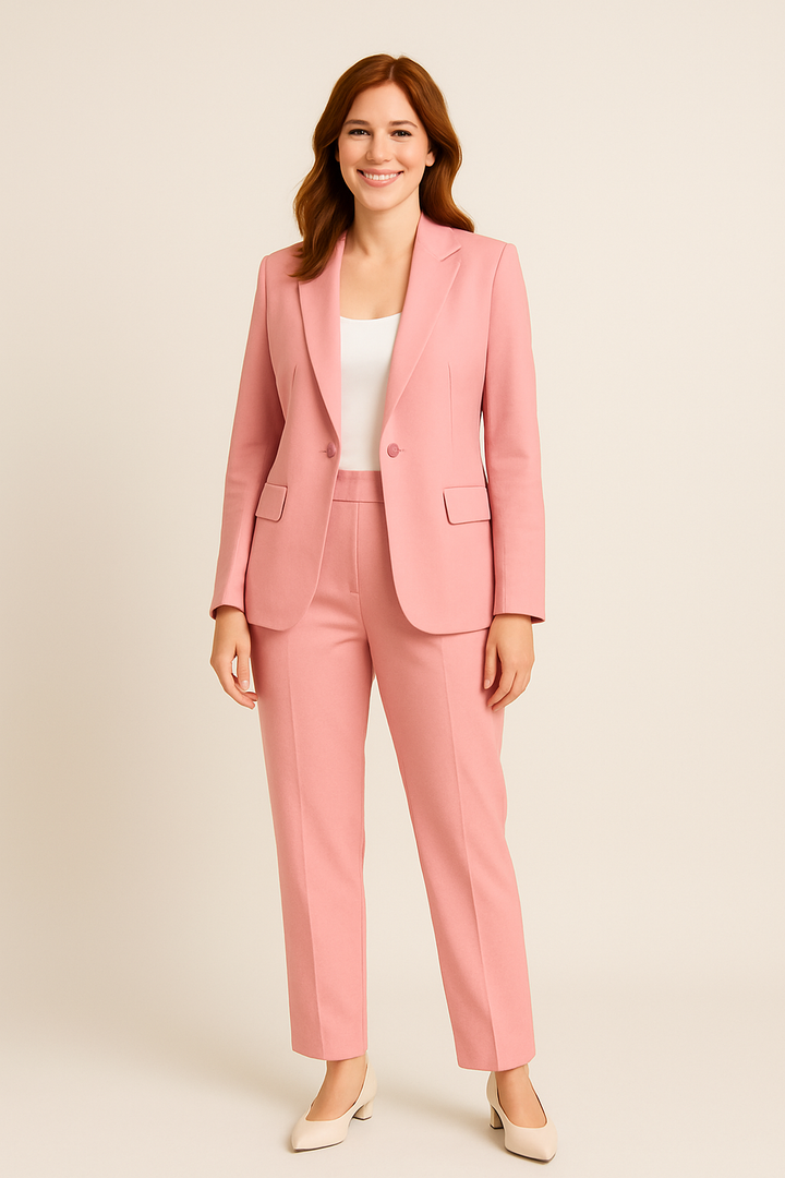 Vielseitiges Damen Blazer & Hosen Set, perfekt für Frühling & Sommer. Eleganter Look für Business und Freizeit.
