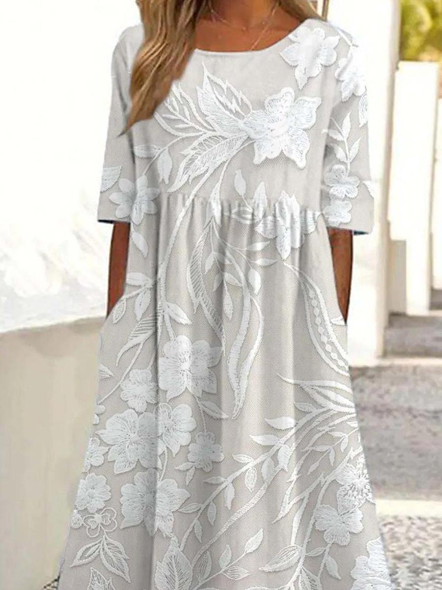 Trendiges Damen Printkleid, A-Linie Midikleid mit Seitentaschen & Kurzarm, perfekt für elegante Freizeitlooks.
