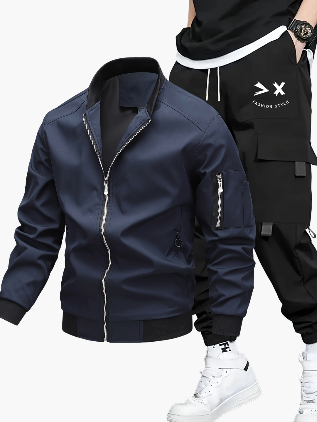 Herren Streetwear Set für Frühling/Herbst: Coole Bomberjacke & praktische Cargo Jogginghose. Urban, modern, lässig.