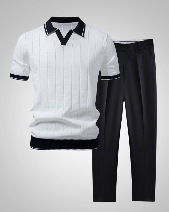 Moderner Herren Strickpolo Hosen Zweiteiler in Kontrastfarben, ideal für stilvolle Sommermode.