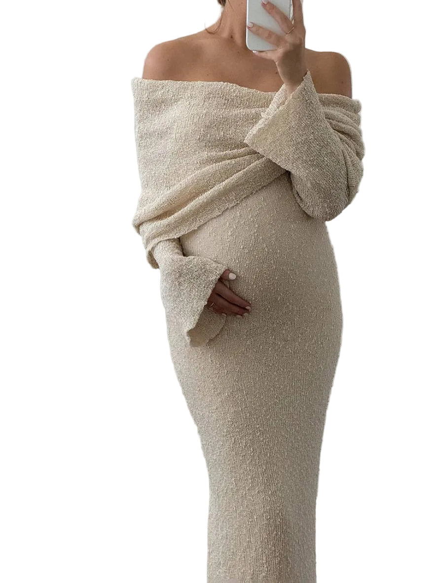 Bequemes Damen Schwangerschafts Maxi-Kleid mit Langarm & Off-Shoulder; perfekt für Alltag & besondere Momente.