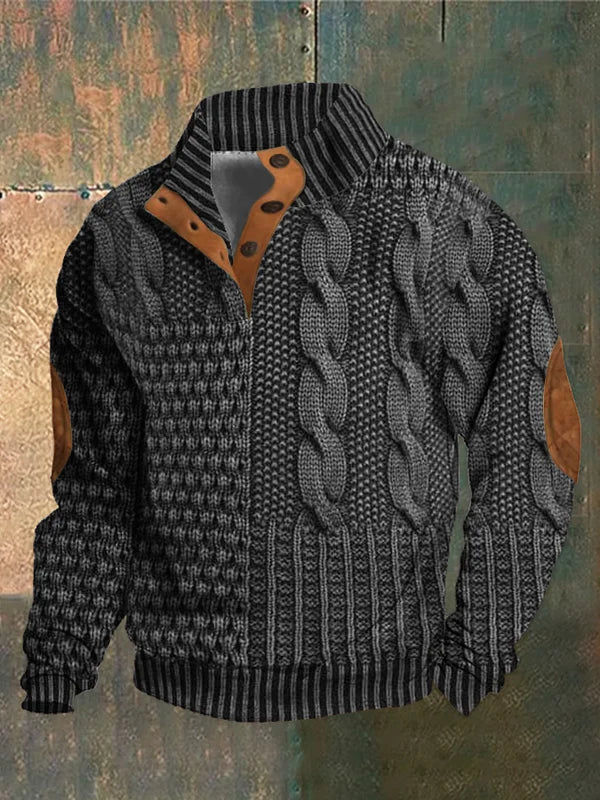 Casual Herren Langarm-Pullover mit Zopfmuster, Patchwork-Details und Knopfkragen, warm & bequem.