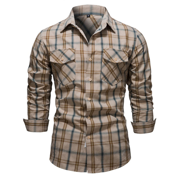 Stilvolles Herren Langarmhemd mit kariertem Muster in Marineblau & Weinrot; Slim Fit Freizeithemd Business Casual.