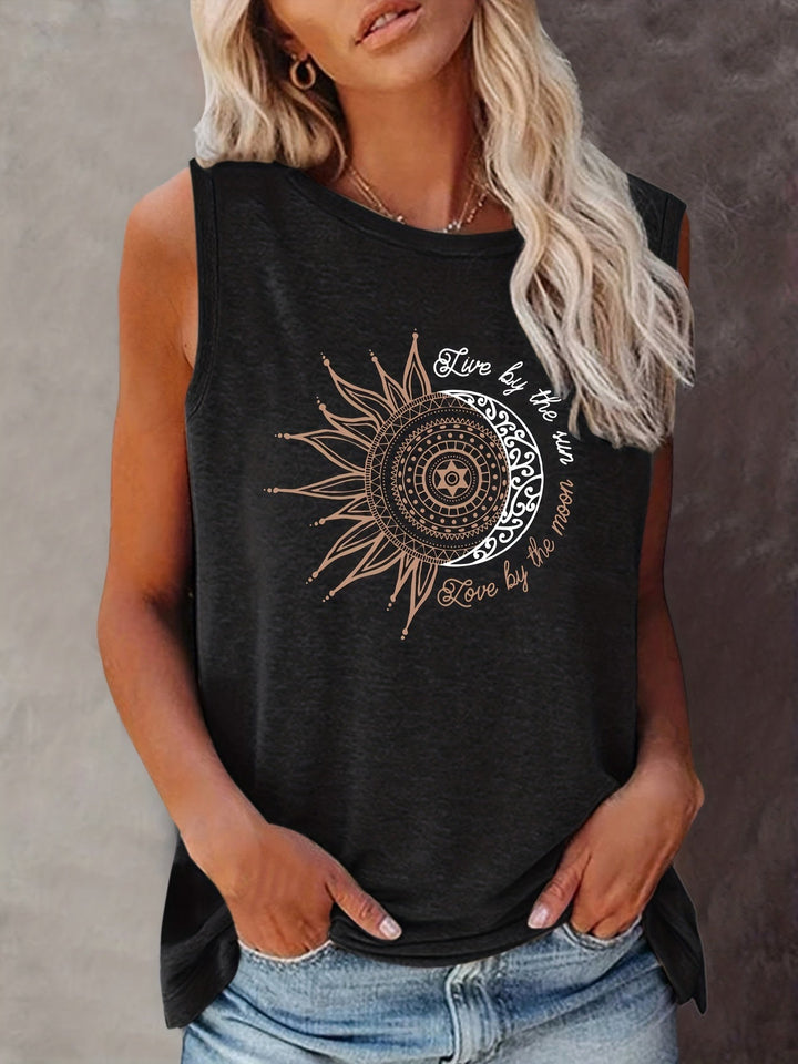 Freizeit Shirt für Frauen: Spirituelles Mandala Tanktop mit Sonne und Mond Motiv.