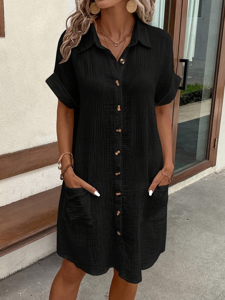 Damen Hemdkleid mit Knopfleiste, kurzärmliges Sommerkleid für Freizeit. Stilvoll & lässig.