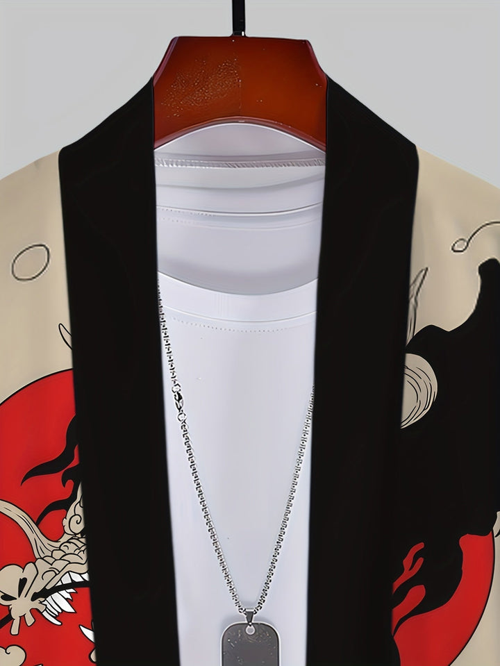 Herren Kimono Cardigan für Festivals & Freizeit. Einzigartiger Drachen- & Samurai-Print, asiatische Streetwear Mode.
