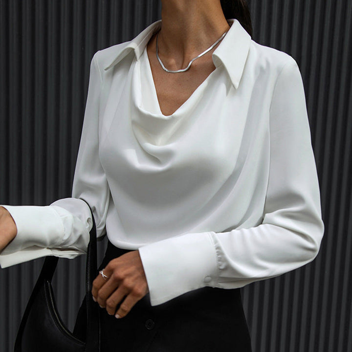 Damen Langarmshirt mit elegantem Wasserfallkragen, bequem & vielseitig für Büro oder Freizeit.