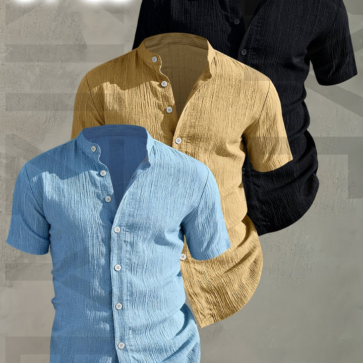 Eleganter 3er-Pack Herren Stehkragenhemden, Kurzarm, für einen gepflegten Freizeit-Look.