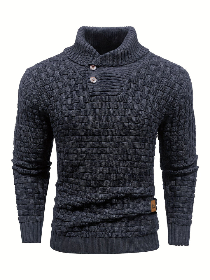 Eleganter Herren Pullover: Waffelstruktur und Schalkragen für modische Wintertage.