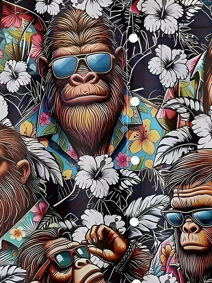 Herren Kurzarmhemd mit Dschungel-Gorilla und tropischen Blättern für den Sommer.