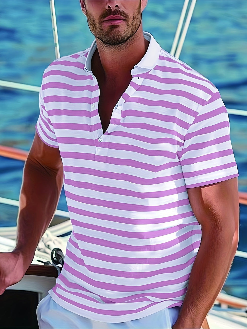 Stylisches Herren Poloshirt kurzarm, maritim gestreift, ideal für Urlaub & Strand.