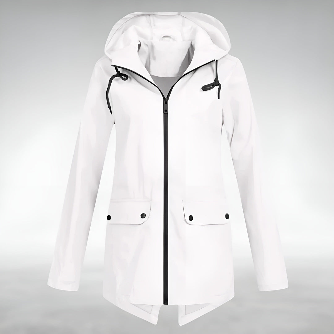 Funktionale Damen Outdoor-Übergangsjacke, wasserdicht, mit Kapuze für Herbst & Frühling. Bequem & modern.