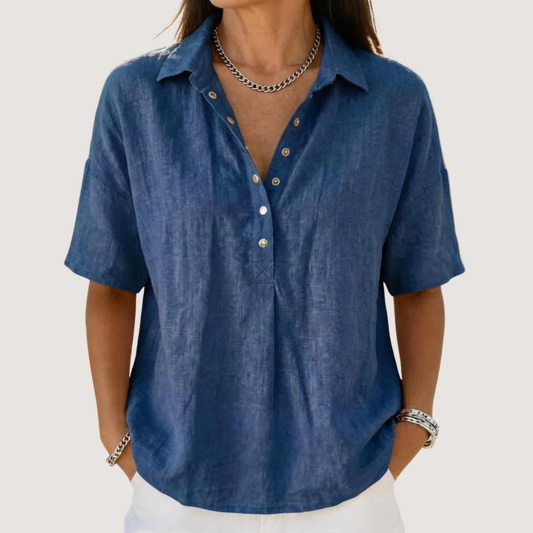 Damen Kurzarm-Bluse mit entspanntem Schnitt, ideal für Sommer & Alltag. Leichte, kühle Freizeitbluse.