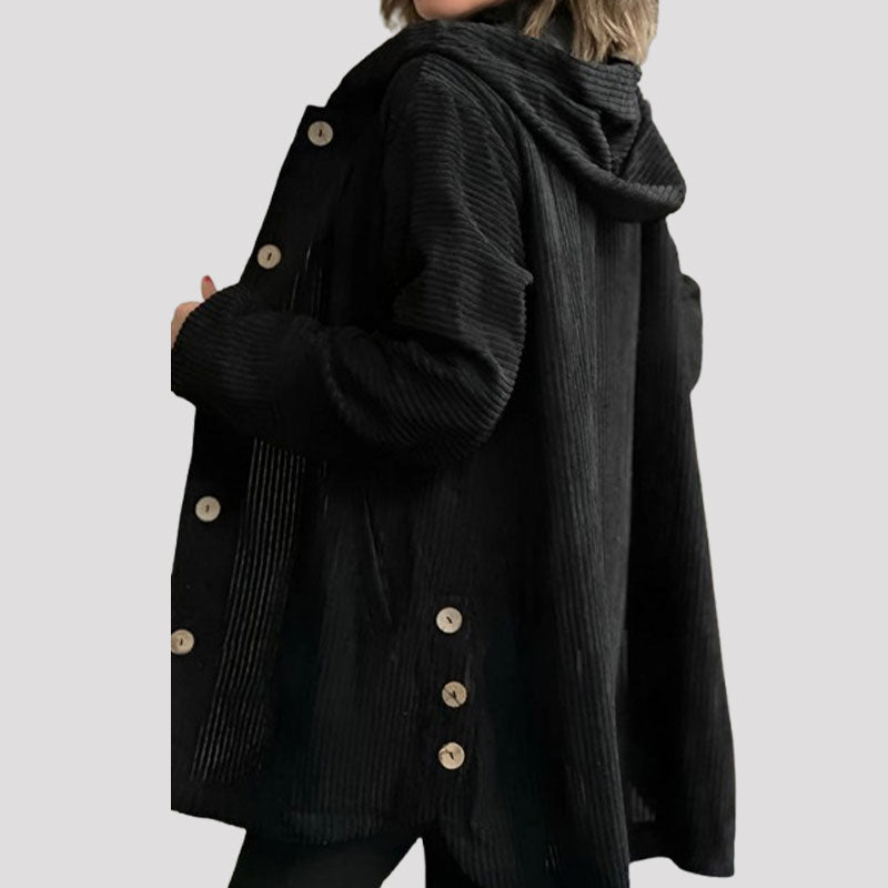Rückenansicht der Damen-Kordjacke mit Kapuze, lässiger Schnitt, perfekte Freizeitjacke.