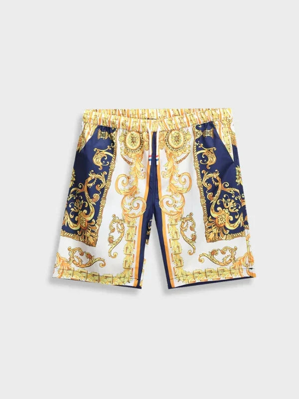 Nahaufnahme des detailreichen Barockmusters auf dem Stoff des Herren Sommeranzugs.