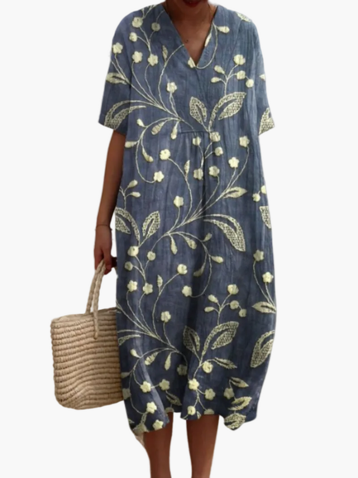 Bequemes Damen Midikleid mit floralem Vintage-Print, kurze Ärmel, locker fallend für Freizeit & Urlaub.
