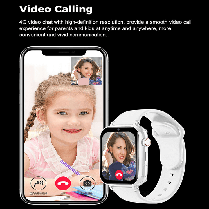 Glückliches Kind trägt wasserdichte Kinder-Smartwatch mit Videotelefonie und GPS-Ortung am Handgelenk.