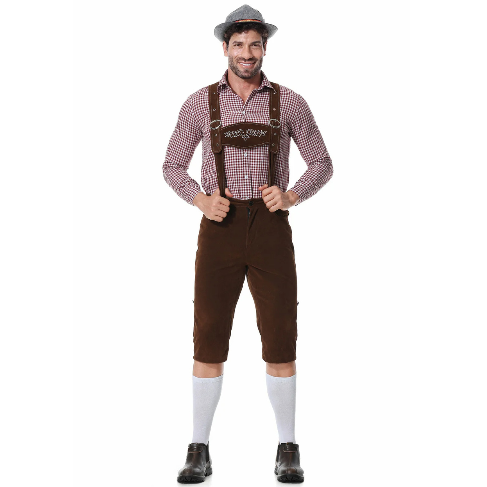 Authentisches Herren Trachten-Set: hochwertige Lederhose, kariertes Hemd & passende Krawatte für Oktoberfest.
