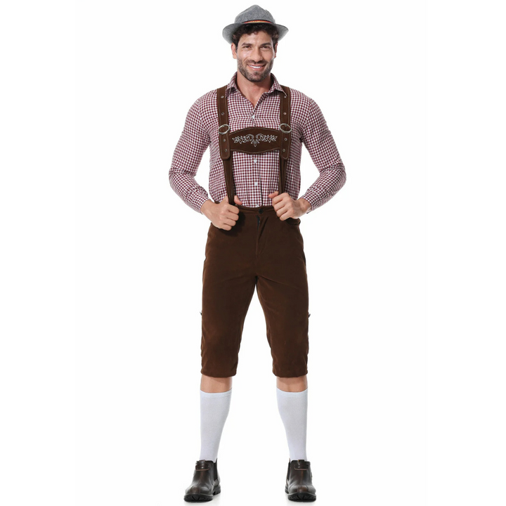 Authentisches Herren Trachten-Set: hochwertige Lederhose, kariertes Hemd & passende Krawatte für Oktoberfest.