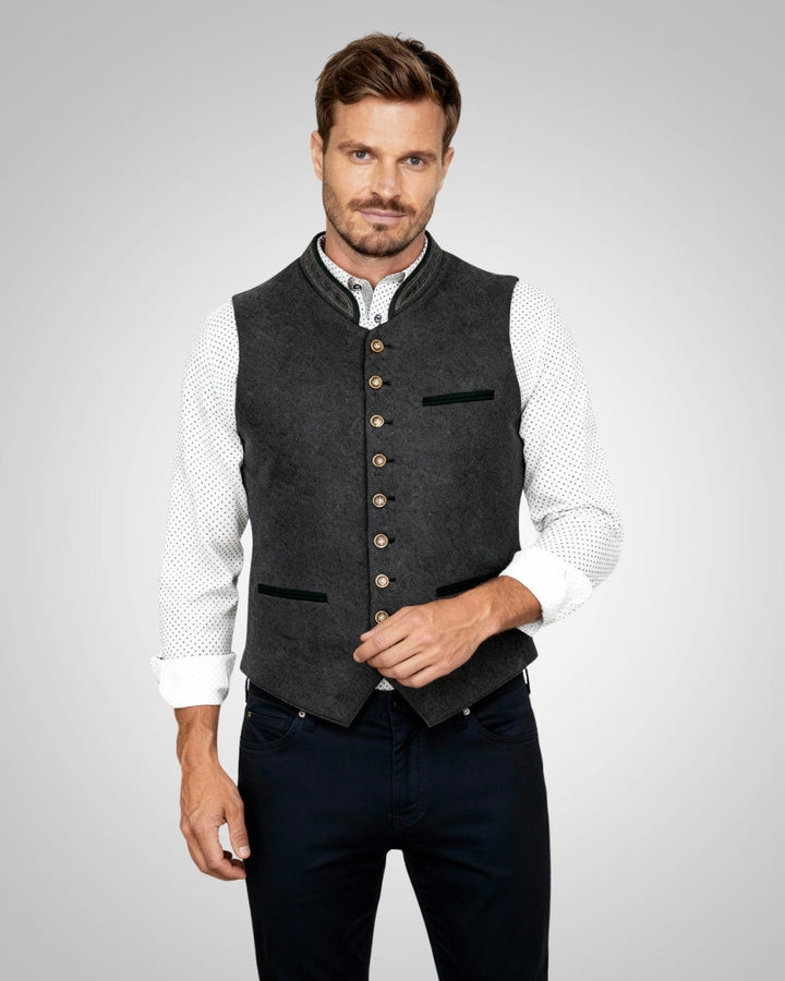Graue, taillierte Herren Trachtenweste für festliche Anlässe wie Oktoberfest, traditionell und elegant.
