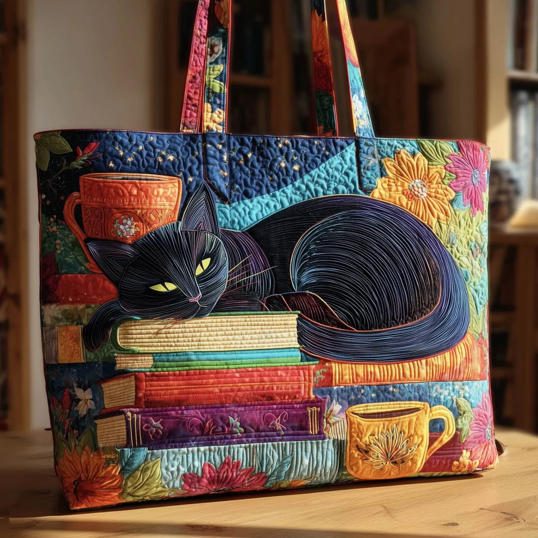 Handgemachte Damen Katzen-Stofftasche in Schwarz mit verspieltem Buch- und Tassen-Motiv, ideal für den Alltag.