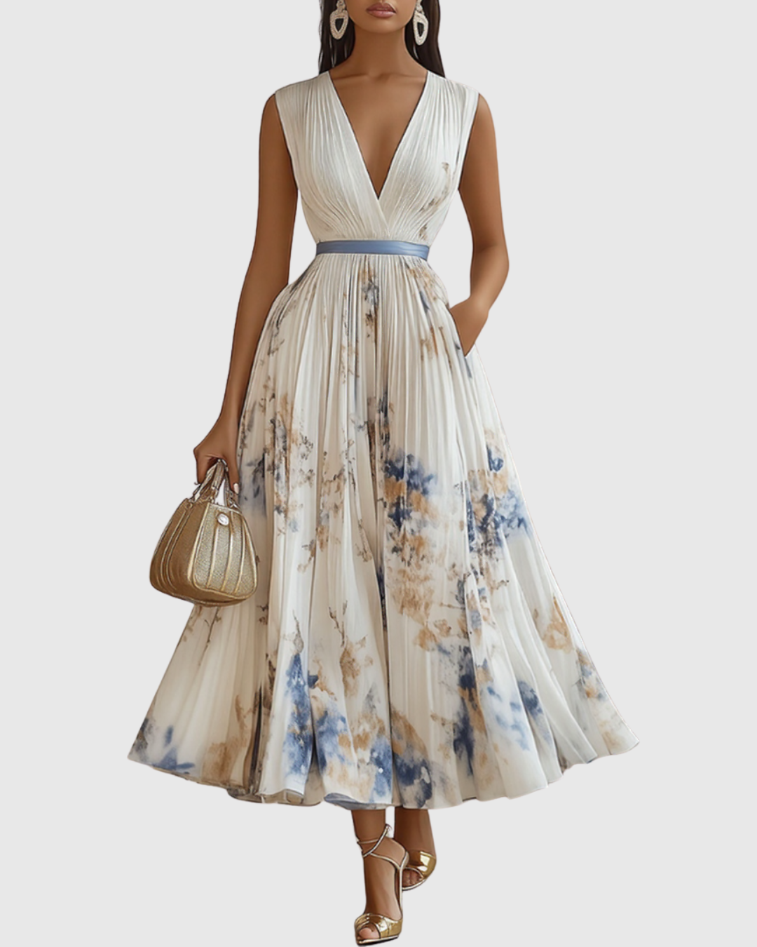 Elegantes plissiertes Damen Maxikleid mit V-Ausschnitt, ideal für Frühling und Sommer.