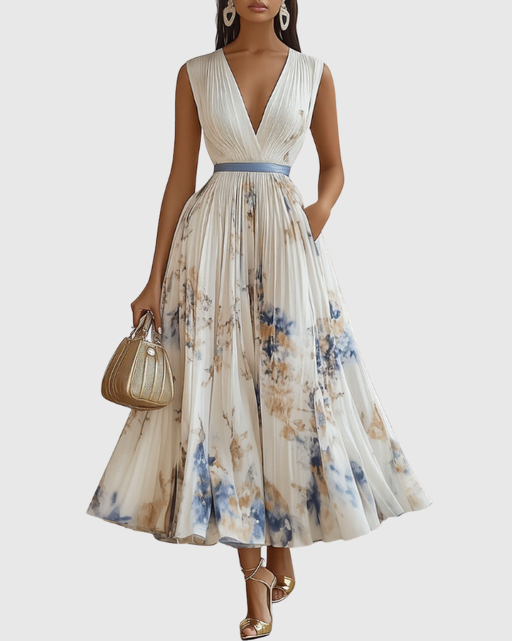Elegantes plissiertes Damen Maxikleid mit V-Ausschnitt, ideal für Frühling und Sommer.