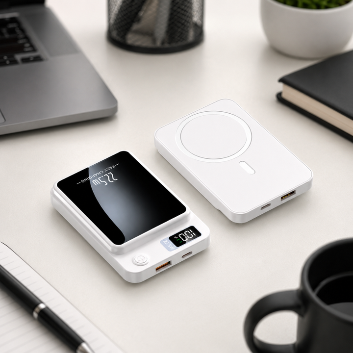 Schwarze 20.000 mAh Powerbank mit Wireless Charging und digitaler Anzeige für Smartphones & Tablets.