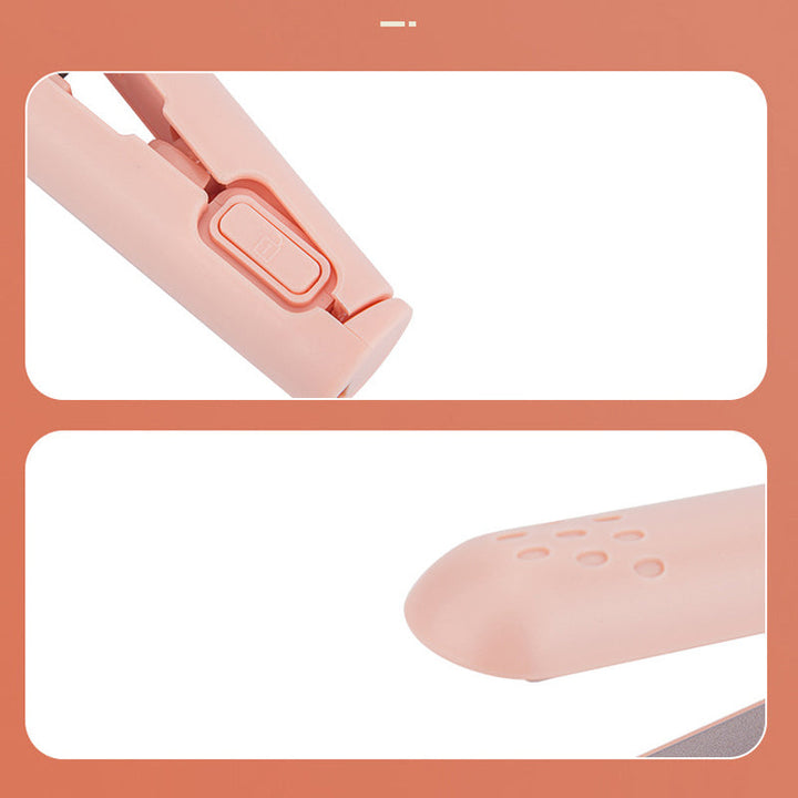 Nahaufnahme des Damen Mini Glätteisens & Lockenstab, kompaktes Design, Keramikplatten, reisefertig.