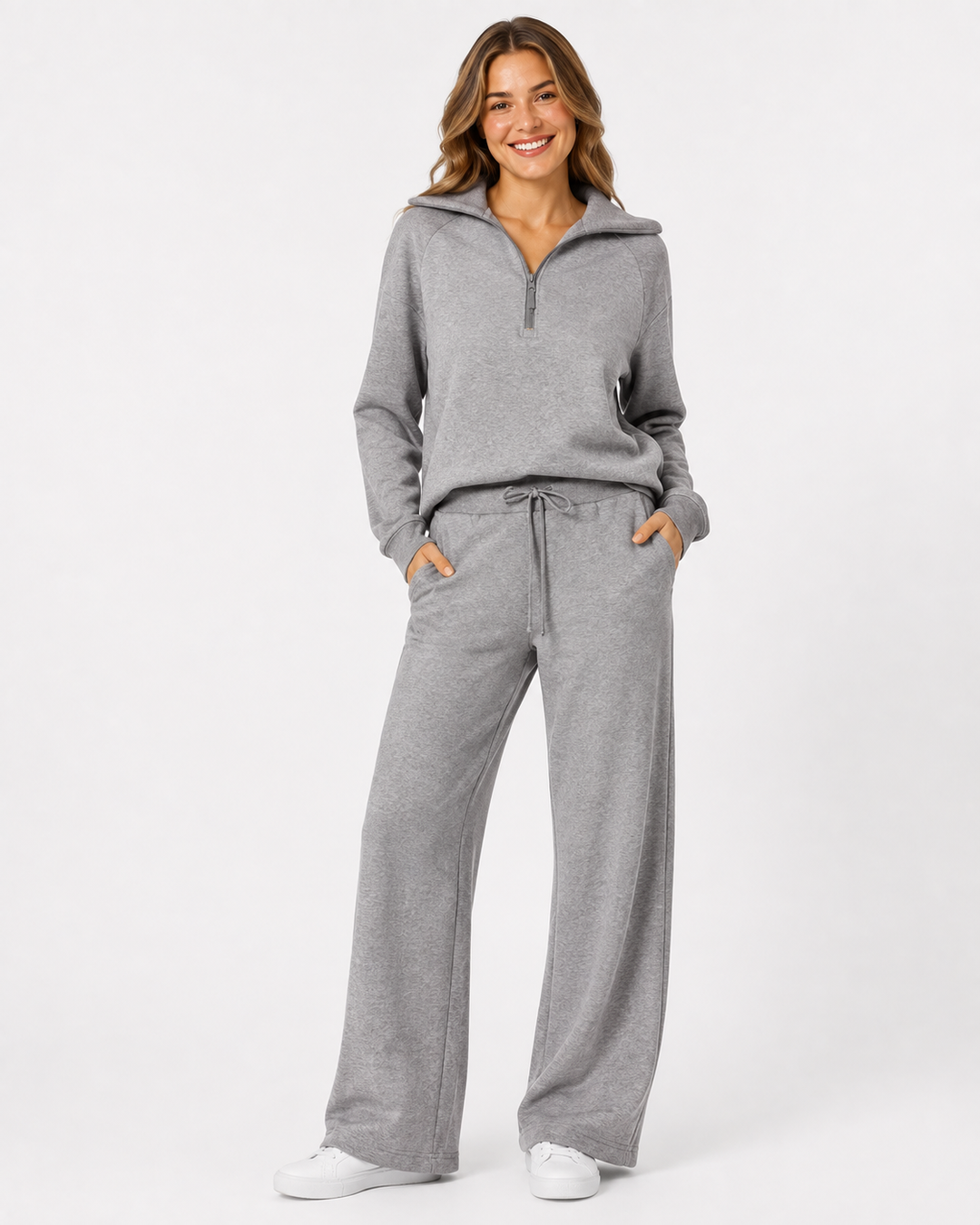Bequemer Damen Freizeitanzug mit Reißverschlusskragen-Sweatshirt & fließender weiter Hose.