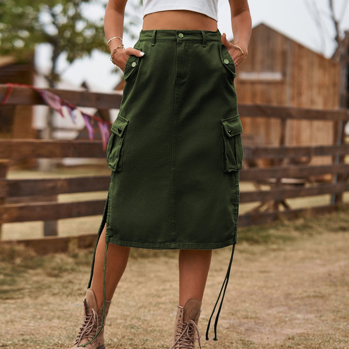 Hellkhaki A-Linien Midirock mit Schnürung für Damen, stilvoll und formgebend.
