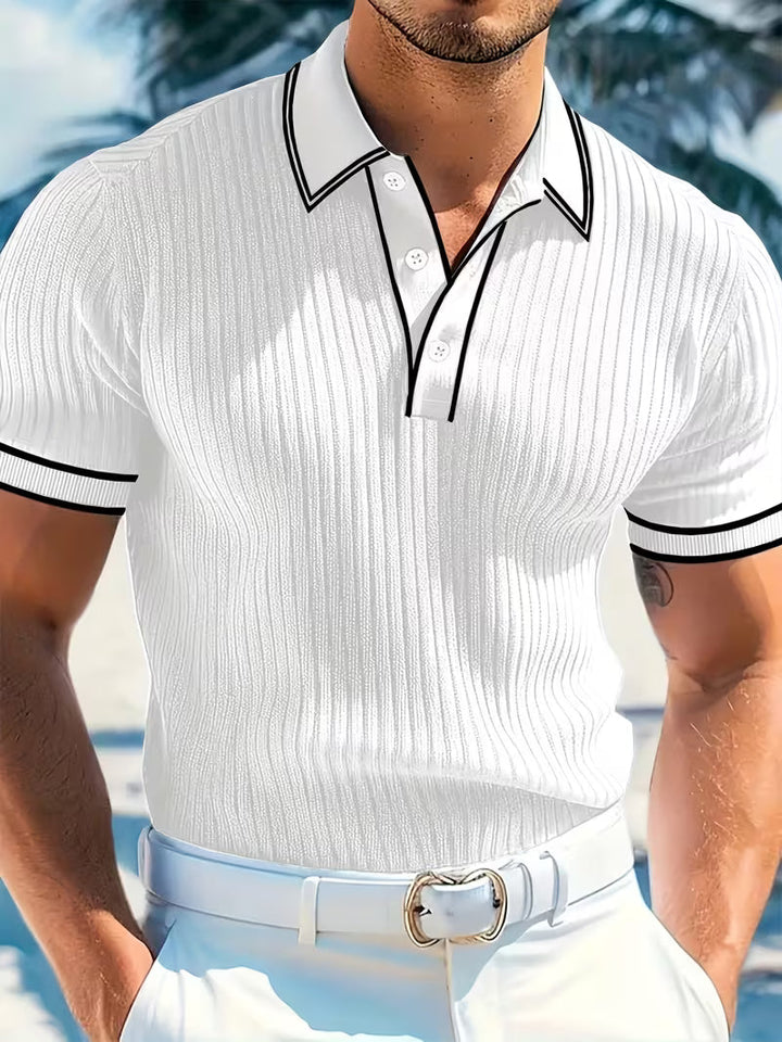 Modernes Herren Farbblock Polohemd, kurzärmlig, für Freizeit & Alltag. Stilvolles Design in Marineblau & Rot.