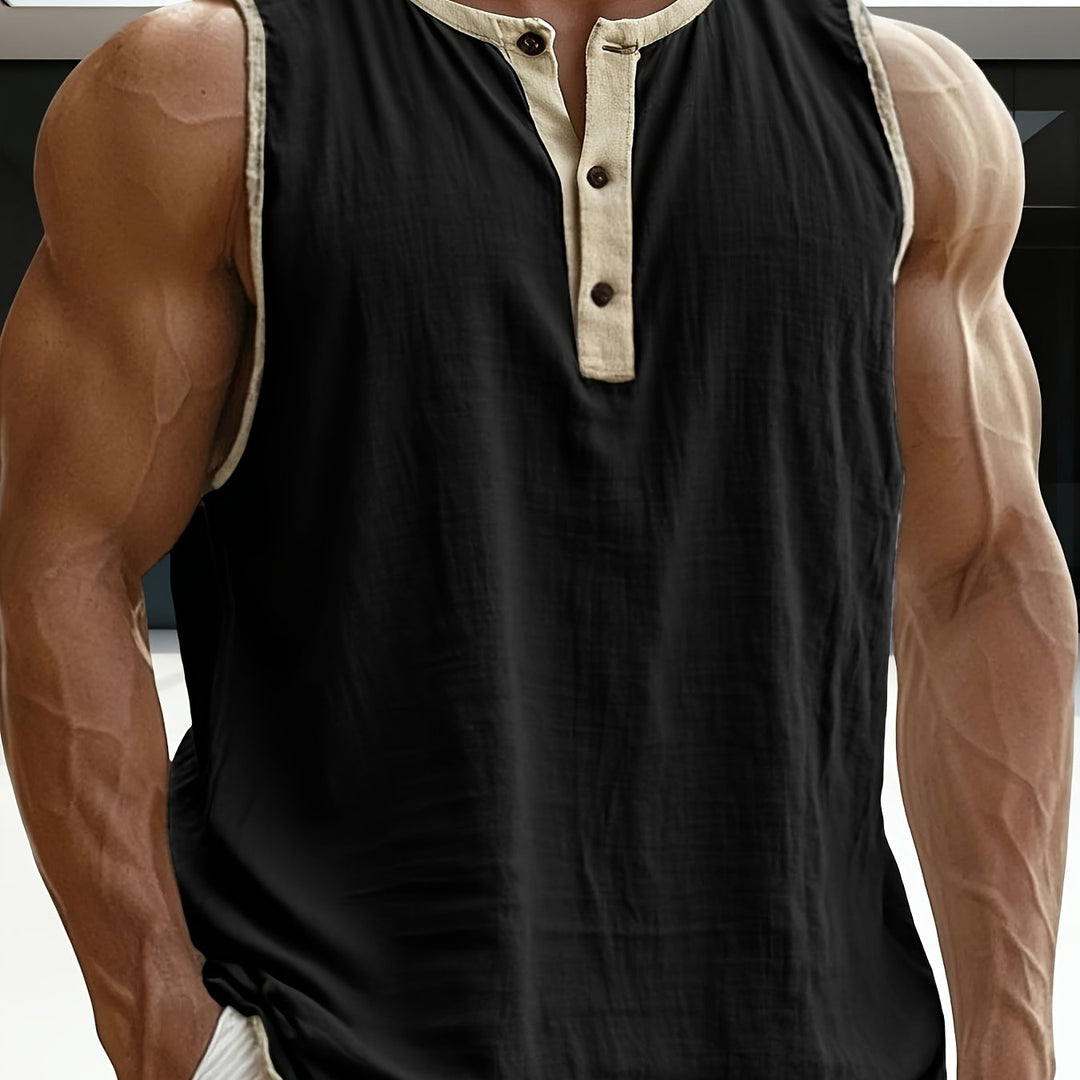 Herren Henley-Shirt ohne Ärmel, bequemer Schnitt, ideal für Outdoor-Freizeit.