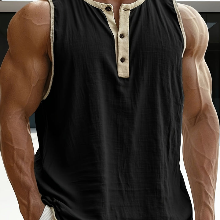 Herren Henley-Shirt ohne Ärmel, bequemer Schnitt, ideal für Outdoor-Freizeit.