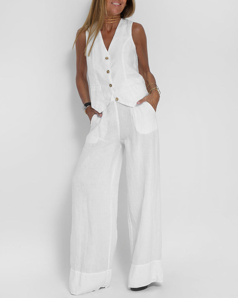 Frühlings-Outfit: Damen Leinen Zweiteiler mit ärmelloser Weste & lockerer Hose.